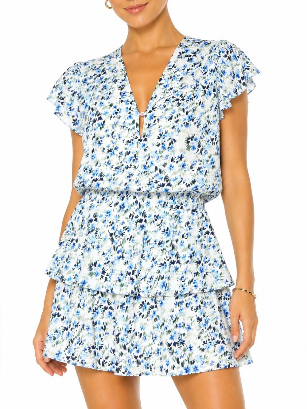 Yumi Kim Chelsea Dress Bliss Blue Floral Tiered Ruffle Mini Dress Size L